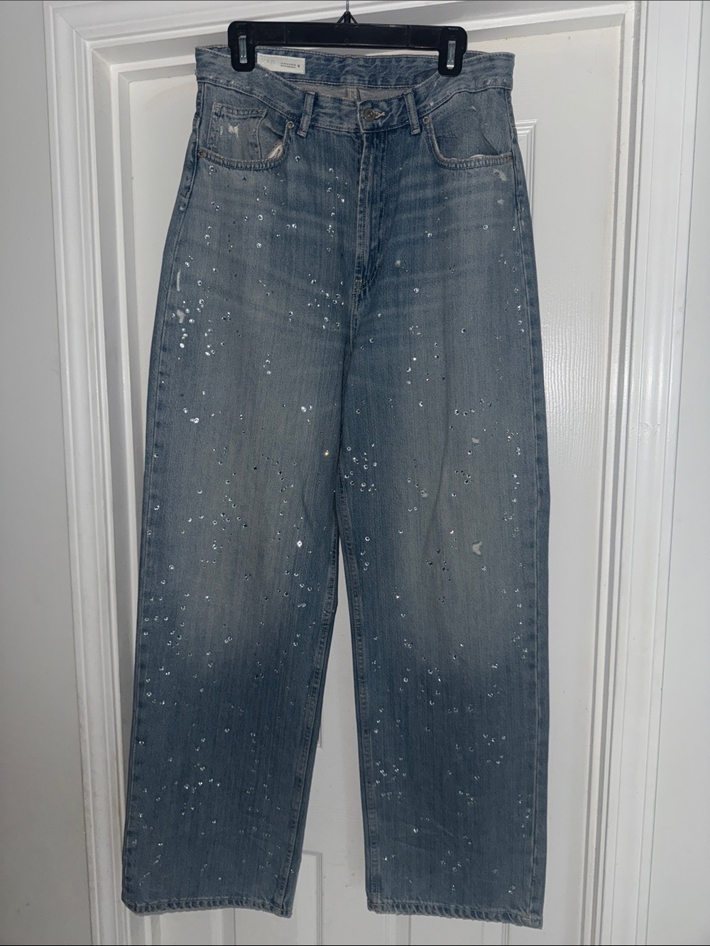 Zara Light Blue Sequin-Embellished Relaxed Jeans